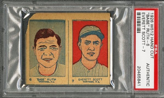 1926 W512 Hand Cut #6-#7 Babe Ruth/Everett Scott Attached Strip Card Pairing - PSA Authentic